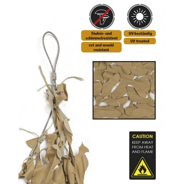 Filet de camouflage renforcé Sable 3m x 4m +câble acier 70/80% d ombrage