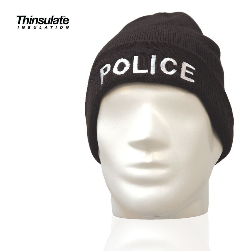 BONNET NOIR MAILLE THINSULATE BRODE POLICE BONNET NOIR MAILLE THINSULATE BRODE POLICE