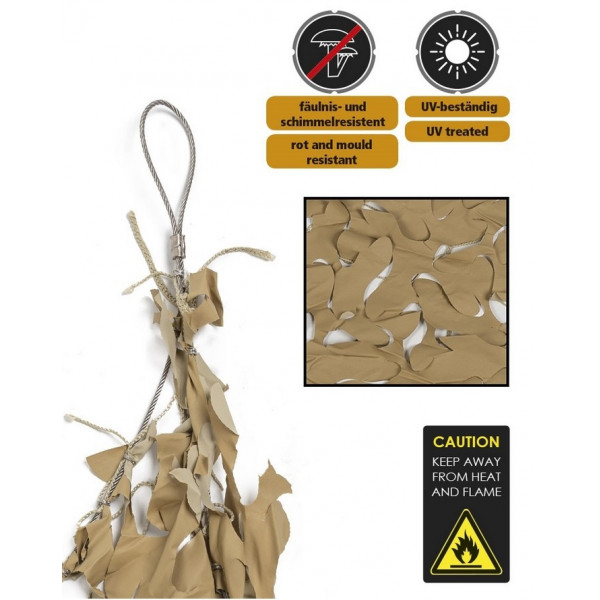 Filet de camouflage renforcé Sable 3mx4m +câble acier 70/80% d ombrage