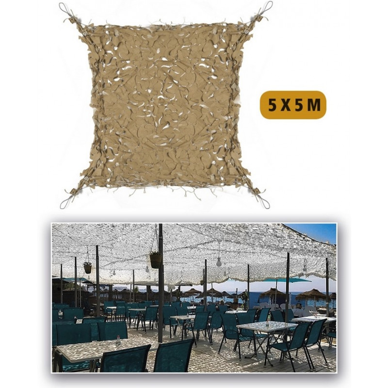 Filet de camouflage renforcé Sable 5mx5m +câble acier 70/80% d ombra