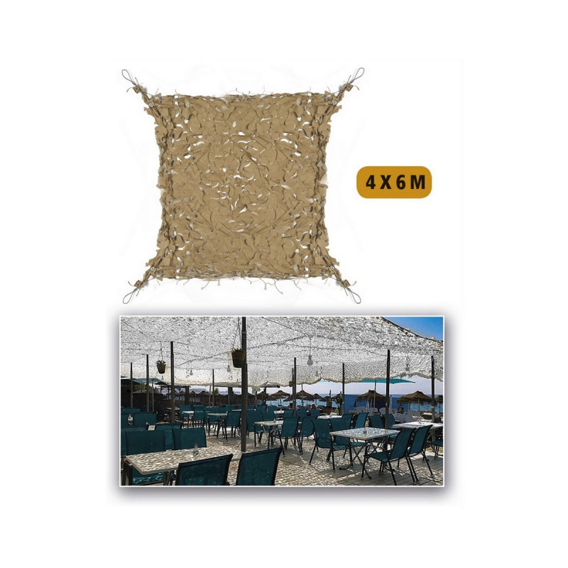 Filet de camouflage renforcé Sable 4mx6m +câble acier 70/80% d ombrage